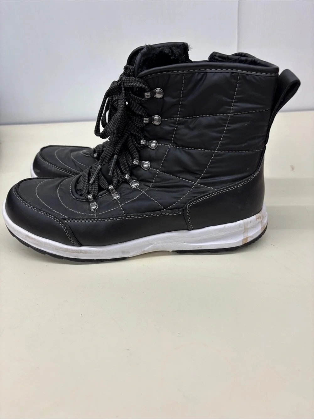 Weatherproof Black Quilted Lace-Up Ankle Boots with White Sole